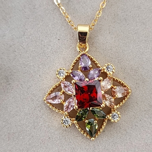 Gold with Multi Color CZ Stones Necklace Earrings Set - Picture 8 of 10